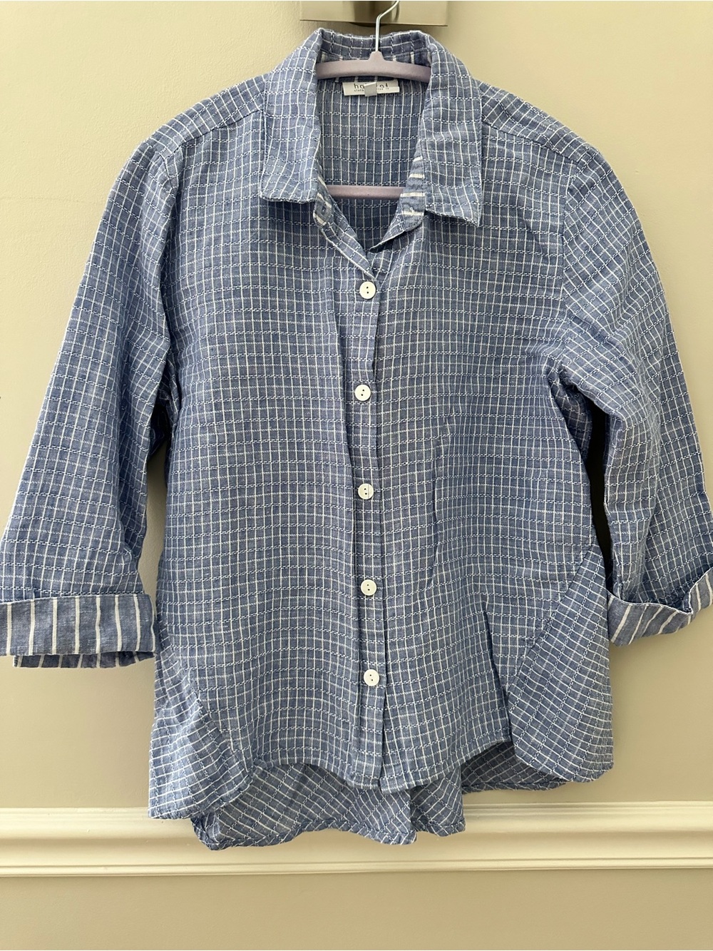 Habitat Blue Windowpane Linen-Blend Shirt Small